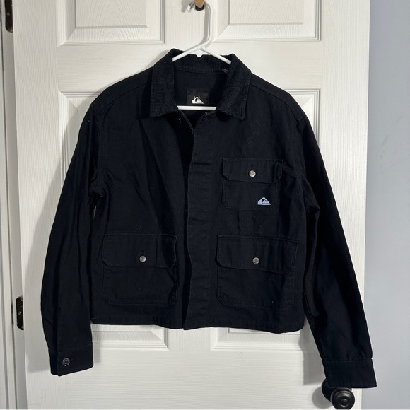 Quiksilver ladies denim jacket, sz L, corduroy collar, utility, work, crop - Picture 1 of 13